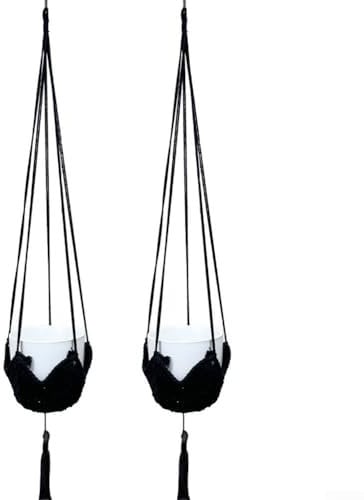 Hängende Pflanzkörbe, 2 Stück, Hanfseil, Makramee, Pflanzenhänger mit Haken, Wandbehang, Innen- und Außenbereich, für Balkon, Garten, Dekoration (100 cm) (schwarzes Baumwollseil)