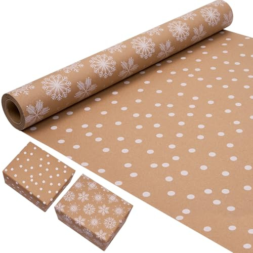 Rouleau de papier cadeau double face, 43 cm × 10 m, kraft recyclable, imprimé à pois et flocons de neige, pour décoration de Noël, anniversaire, fête.