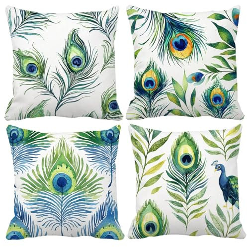 Outdoor Kissen Feder Kissen 65x65cm, 4er Set Pfau Kissenbezug Dekokissen Quadratische KissenbezüGe mit Verstecktem ReißVerschluss, KissenhüLlen für Outdoor Deko Terrasse Garten Bank Wohnzimmer QJ-714