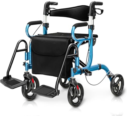 COSTWAY Rollator faltbar und leicht mit Sitz, 2 in 1 Rollstuhl & Reiserollator, Gehhilfe 6-fach höhenverstellbar, Gehwagen mit Tasche & Bremse & Stockhalter, Aluminium, klappbar für Senioren (Blau)