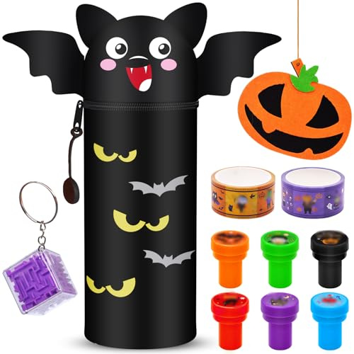 2 in 1 Silicon Federmäppchen - Halloween Kawaii mäppchen Fledermaus + 6 Stempel + Labyrinthspielzeug + Kürbis-Anhänger + 2 Klebebänder - Tischstifthalter, Reißverschluss, niedlicher Schulbedarf