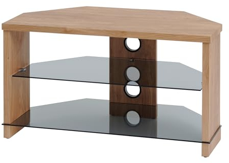 Ttap Montreal TV Stand with wood top and sides, and tinted glass shelves (Light Oak, Length 1050 mm)