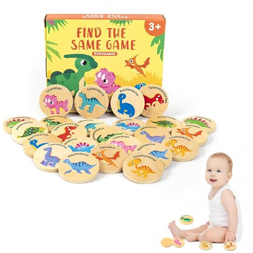 Wooden Dinosaur Matching Game - Interactive Memory Card Puzzle, And Find Pairs | Educational Stacking Toy For Children Preschoolers Family Party Concentration Training Activity Birthda