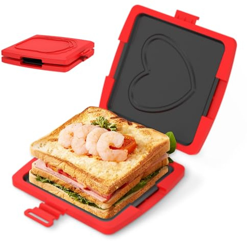 Harupink Sandwichmaker Mikrowelle, Breakfast Sandwich Maker Presse 3 Minuten-Grillpfanne, PTFE Antihaftbeschichtung & Wireless, Sandwich-Toaster für Sandwiches Schlafsaal Mikrowellenherd(Rot)