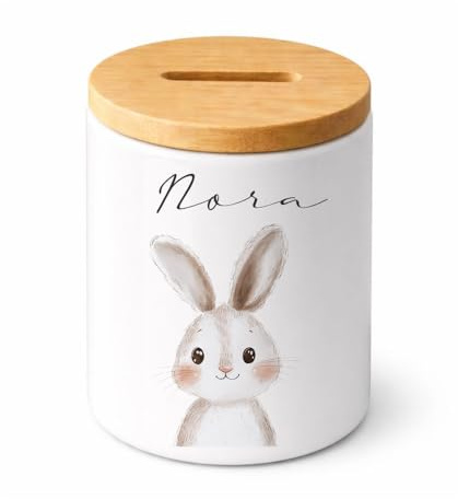 Manufaktur Liebevoll - Personalisierte Spardose für Kinder aus Keramik mit Bambusdeckel Kinder Spardose mit Name Geschenk zur Geburt Taufe & Geburtstag (Hase)