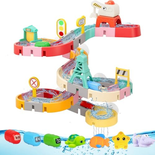 Badewannenspielzeug, 52 Stück Badespielzeug für Kinder ab 3 4 5 6 Jahre, DIY Kugelbahn Badewannen Spielzeug Kinder Wasserspielzeug mit Tier Squeeze Spielzeug und Aufbewahrung, Geschenke für Kinder