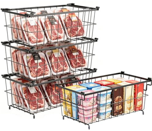 Esilihom Stackable Chest Freezer Baskets, 4-Pack Organiser Storage Boxes | Freezer Baskets with Handles, Metal Wire Storage Bins with Anti-Slip Base, Sorts Food & Saves Space, 36x18x16cm, Black