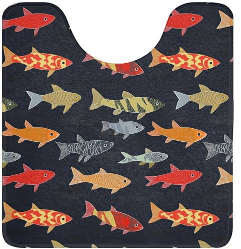 OnlyWow© Wc Vorleger Mit Ausschnitt Badezimmer Badteppich Duschvorleger | 55x60 cm - Gäste Badematten Teppich Badvorleger Rutschfest Waschbar Fisch - Muster - Farbenfroh