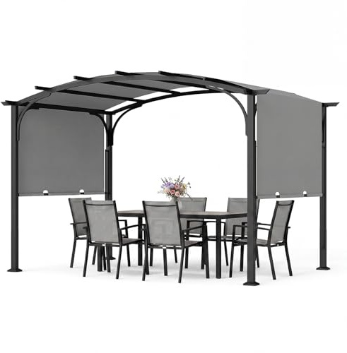 COSTWAY Pergola, Pavillon mit verstellbarem Schiebedach, 3 x 2,4 m Gartenpavillon mit Sonnenschutz, Terrassendach mit Stahlrahmen & 8 Heringen, Terrassenüberdachung für Garten & Balkon (Grau)