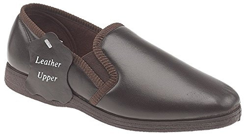 Mens Brown Softie Leather Twin Gusset Slipper with Rubber Sole - Hadley