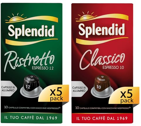 Splendid - Capsule Caffè Espresso Confezione Mista Classico e Ristretto - 100 Capsule in Alluminio - Compatibili con Macchine Nespresso®* original - 50 Capsule Classico e 50 Capsule Ristretto