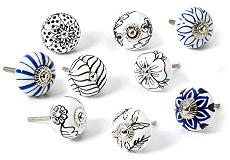 Nicola Spring Ceramic Cupboard Drawer Handle Knobs - Floral Design - Set of 9