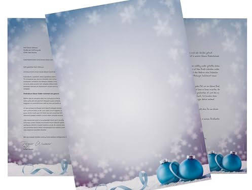 Weihnachtsbriefpapier | Weihnachtskugeln im Schnee | 50 Blatt weihnachtliches Motivpapier DIN A4 | Briefpapier