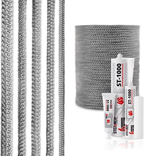 STEIGNER Ofendichtschnur Kamindichtung aus GLASFASERN, hitzebeständig bis 550°C, inkl. feuerfestem Montagekleber, Dunkelgrau, 1,5m, 6mm, SKD02