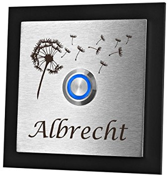 polar-effekt Personalisierte Türklingel aus Edelstahl V2a und Acryl - Klingelschild mit Gravur – Klingelknopf BLAU - Klingelplatte Geschenk zum Einzug [ohne Montagezubehör] Motiv: Pusteblume