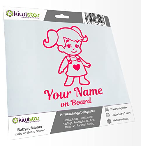Kiwistar - Babyaufkleber - Neonpink - Mädchen Zöpfe Herz Sticker - mit Wunschtext individuell personalisiert + on Board 15cm - für Auto, Motorrad, Fahrrad, Tuning