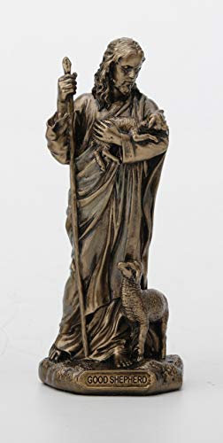 Veronese Design Statue, Motiv: Jesus der gute Schäferhund, Kunstharz, handbemalt, Antik-Bronze-Finish, 9,5 cm