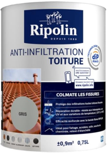 RIPOLIN - Etancheite Anti-infiltration Toiture Extérieur - Colmate les Fissures - Resistance a la Fissuration - Etanche - Résistante aux Intempéries et Rayonnement UV - 0,75L - Gris Ciment