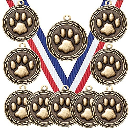 10 Stück Maskottchen Pfotenabdruck Goldmedaillen Trophäe Award mit Halsbändern MA