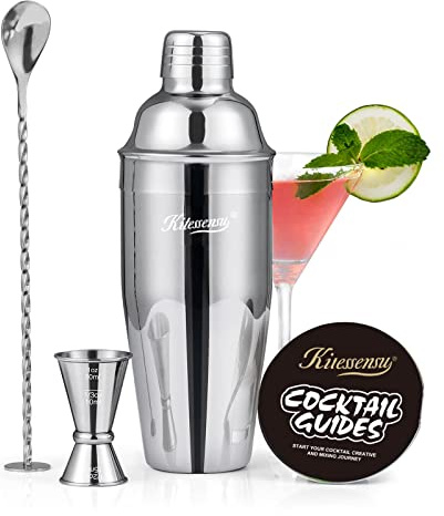 Cocktail Shaker, KITESSENSU 24oz Drink Shaker with Bartender Strainer, Measuring Jigger, Bar Mixing Spoon, Cocktail Recipe Guide, Professional Drink Mixer Set for Beginners, Silver