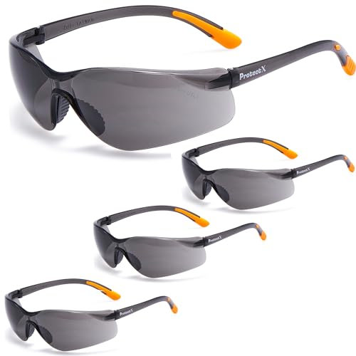 ProtectX Super Light Safety Glasses Olympus 3-Pack Tinted Smoke Anti-Fog Scratch Resistant Wrap-Around Lenses, ANSI Z87.1 Rated, Non-Slip Orange Color Rubber Grips, Gray & Black Frame