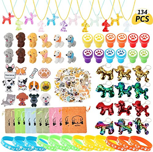 134 Stücke Hunde Geburtstag Deko Party Set - Dog Paw Kindergeburtstags Party Mitgebsel, Hunde Armband, Schlüsselanhänger, Stempel, Aufkleber, Radiergummis, Geschenktüte für Kinder, Jungen, Mädchen