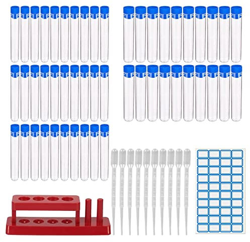 Reagenzgläser,50 pcs Transparent Kunststoff Reagenzglas mit Schraubverschluss 10pcs Pipette Pipetten1 Reagenzglasständer, für Chemieunterricht Gastgeschenk Badesalz Gewürze Kinder Experimente