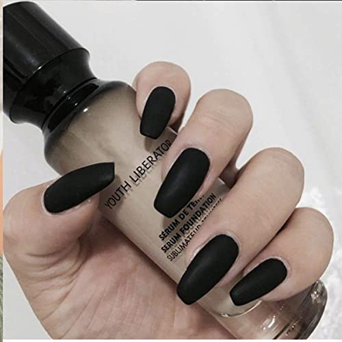 Bufenia Lot de 24 faux ongles mats givrés en forme de cercueil en forme de cercueil en acrylique pour femmes et filles - Couleur pure - Longueur moyenne - Noir