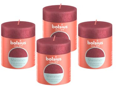 Bolsius Rustikale Stumpenkerze - Shimmer Red - 4 Stück - Lange Brenndauer von 35 Stunden - Haushaltskerze - Innendekoration - geruchlos - inklusive natürlichem veganem Wachs - ohne Palmöl - 8 x 7 cm