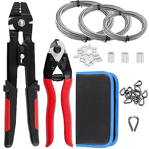 Glarks 165Pcs Wire Rope Crimping Tool Up To 2.2mm and Cable Cutter with Aluminum Double Barrel Ferrule Crimping Loop Sleeve & Stainless Steel Cable Thimbles Assortment Kit