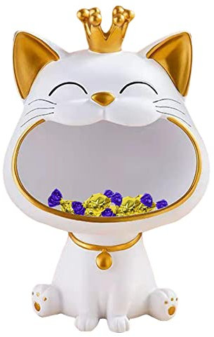 Ecoticfate Katzen Aufbewahrung,Lachende Katze Figuren Statue,Großer Mund Aufbewahrungsbox,Maneki Neko Fortune Cat Skulptur,Glückliche Lagerung Box,Kätzchen Schlüssel Schale,Schmuck Tablett,White