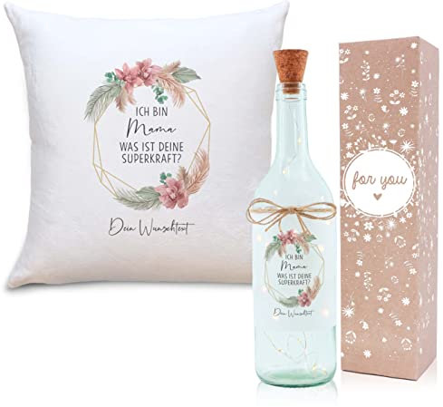 OWLBOOK Superkraft Mama Boho Geschenkset Flaschenlicht und Kissen Geschenke für Mama Muttertagsgeschenke Geburtstagsgeschenk Weihnachtsgeschenke für Mama Geschenk Geburtstag Muttertag Weihnachten