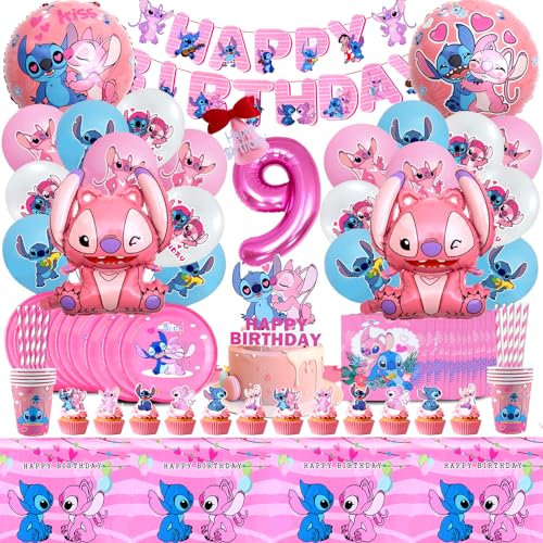 104 Pcs Stitc Deko Geburtstag 9 Jahre, Stitc Party Dekorationen, Stitc Party Geschirr, Stitc Ballon Set, Stitc Kuchendekoration Pappteller, Pappbecher Tischdecke