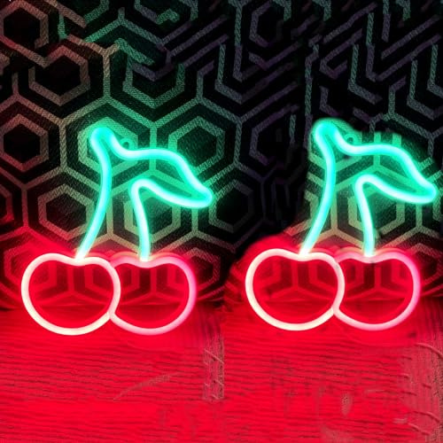 HFHungkeong Leuchtendes Kirsch Neonschild für Kinderzimmer,Bar,Hotel, Party, Spielzimmer Wanddekoration, Neonschild als Geschenk für Kinder, Batterie- oder USB-betrieben,2 Stück