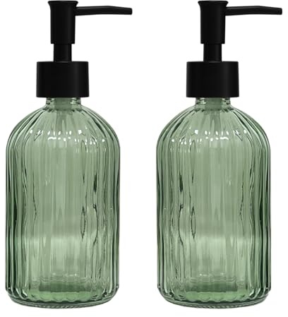 Green Glass Soap Dispenser Set with Black Pump, 13.5oz Refillable Liquid Hand Soap Dispenser, Lotion Dish Soap Dispenser for Modern Home Decor, Bathroom, Kitchen Countertop, Hotel(2 Pack)