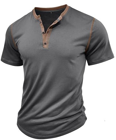 MakingDa Henley Shirt Herren Kurzarm Vintage Knöpfe Muscle Gym Sommer Einfarbig Golf Freizeit Tshirts Klassisch Atmungsaktiv Leicht Slim Fit Passform Arbeits Grandad Shirt Dunkelgrau XL