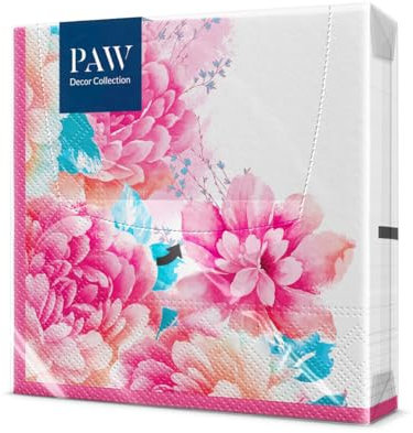 PAW - Servietten 3-lagig (33 x 33 cm) I 20 Stück I Perfekt für Geburtstage, Partys, Hochzeiten, Kommunion und Feiern I Tischdeko Bunte Papierservietten - Rosa Blüten Flora I Scent Of Spring