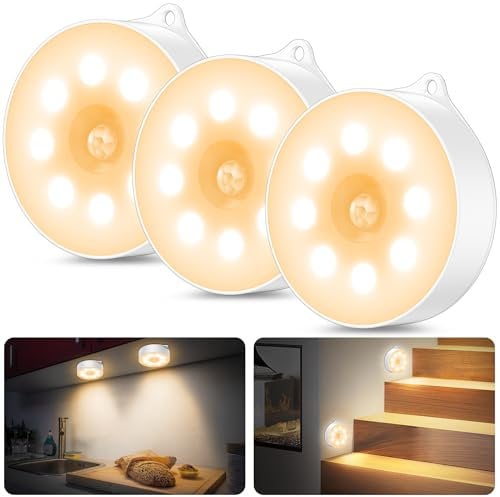 Nachtlicht mit Bewegungsmelder,3*AAA Batteriebetriebene lampen, Auto ON/OFF, Schrankbeleuchtung,Bewegungsmelder innen für Treppe, Schlafzimmer, Küche, Kinderzimmer. warmes Licht (Warmweiß 3 Stück)