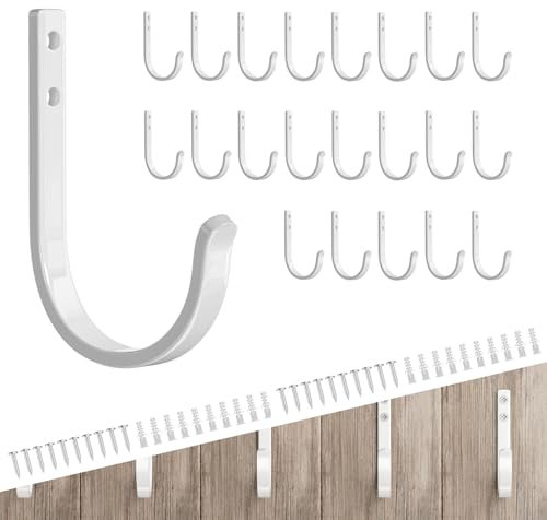 Josmimic 20-Pack Wall Hooks for Towel/Coat - 22LB Heavy Duty Metal Hanger Wall Mount, for Outdoor, Closet, Door, Shelf, Bathroom, for Backpack, Cup, Clothes, Mug, White Matte, Screws Included