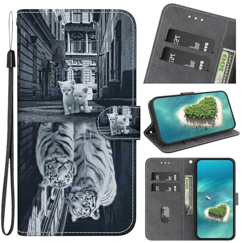 FERLAN Handyhülle Kompatibel mit iPhone 13 Hülle, Leder Schutzhülle Brieftasche Hülle Flip Case 3D Muster Cover mit Kartenfach Magnet Tasche Handyhüllen,Katze Tiger Reflexion