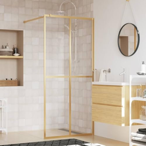Sufrk Walk-in Shower Wall with Clear ESG Glass Gold 80x195 cm,Over Bath Shower Screen Door Framed Toughened Safety Clear Glass Panel Bathroom Bath Screens