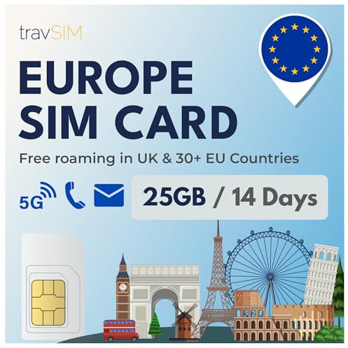 travSIM Europa SIM-Karte | Nur Daten-SIM | 25GB Daten | 4/5G Geschwindigkeit | Gültig für Großbritannien und über 30 EU-Länder | 14-tägiger Plan