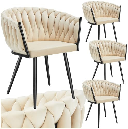 tectake® Samt Stuhl, Schalenstuhl mit Armlehne in Knoten Optik, Esszimmerstühle, Sessel modern für Wohnzimmer, Esszimmer, als Küchenstühle, für Schminktisch, Dining Chair Set - Sand, 4er Set