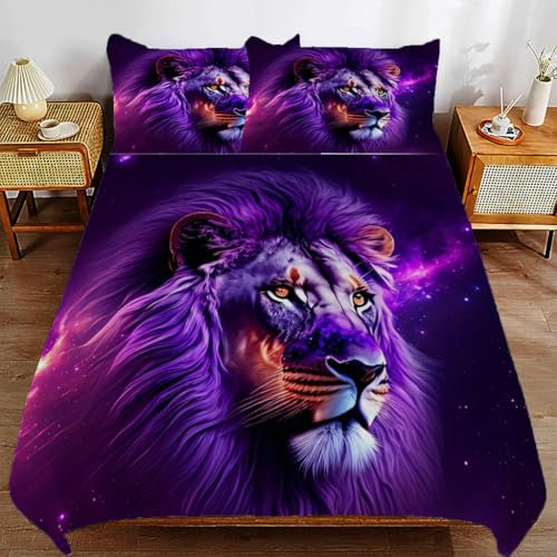 ZHDEDSP Lila Löwenbettwäsche-Set mit Kissenbezügen, Galaxie-Motiv, 200x200 cm Kissenbezug 80x80 cm