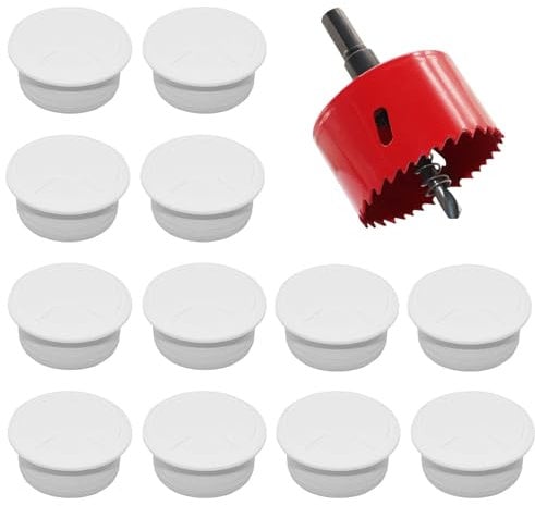12pcs Table Cable Grommet Set, Cable Wire Grommet, 60mm Desk Cable Grommet, Computer Desk Cable Hole Cover, Round Cable Hole Covers for Office Table and Home with Drill Bit (White, 60mm)