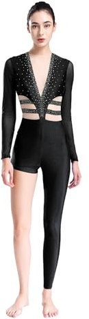 Xnihocha Damen Jumpsuit Sport Bodysuit Sheer Mesh Ganzkörper Turnanzug Langarm Overall Slim Fit Stretch Gymnastikanzug Schwarz XL