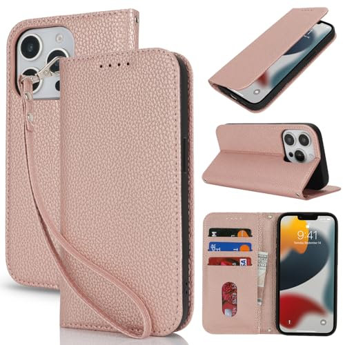 Lipvina Handyhülle für iPhone 13 Pro Max / 12 Pro Max.Premium PU-Leder Handyhülle mit Kartenfach,Standfunktion,RFID-Schutz.Klapphülle und Handytasche aus lederhülle,Die,Rose Gold