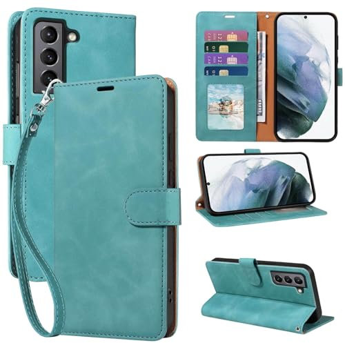 GOTOURED for Samsung Galaxy S21 Phone Case Wallet, RFID Blocking 4 Card Slots, Wrist Strap, Kickstand, Magnetic Closure, Shockproof Protective Soft Leather Flip Cover (Green)