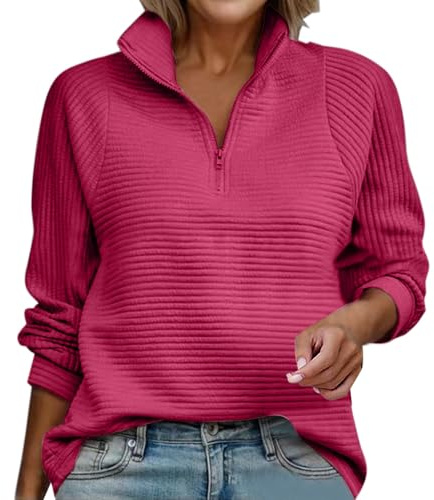 FJKVAVF Half Zip Striped Tops Women's Fall Winter Warm Solid Color Blocked Loose Crewneck Pullover Hoodless Sweatshirt Cotton Hooded Jacket for Women