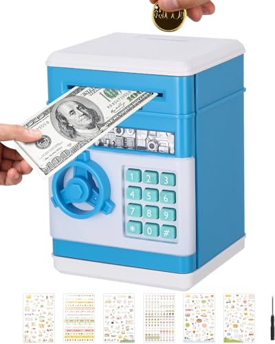 Birshe Elektronische Spardose Safe,Spardose mit Passwort Spardose für Kinder Elektronische Geldbank ATM Geldmünzbanken Automatische Papiergeldrolle mit Niedliche Aufkleber Geburtstagsgeschenk hellblau